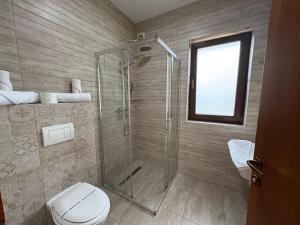 a bathroom with a glass shower and a toilet at Villa Montana Borsec - Vedere Munte in Borsec