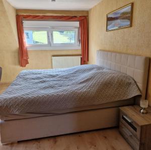 a large bed in a bedroom with a window at Ferienwohnung Sonnenschein in Weinheim