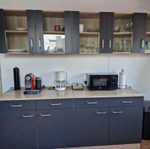 a kitchen with blue cabinets and a microwave at Ferienwohnung Sonnenschein in Weinheim