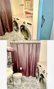 een badkamer met twee wasmachines en een toilet bij Urban Chic Trailer in Edmond