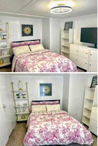 twee foto's van een slaapkamer met een bed en een tv bij Urban Chic Trailer in Edmond