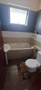 a bathroom with a toilet and a tub and a sink at Zamia Heights Apartments in Gatunga