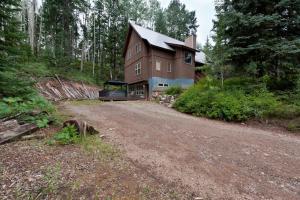 a house on a dirt road in the woods at 672 Beaver Circle in Durango Mountain Resort