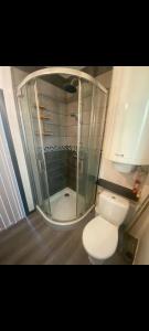 a bathroom with a toilet and a glass shower at Duplex plage de brehec in Plouézec