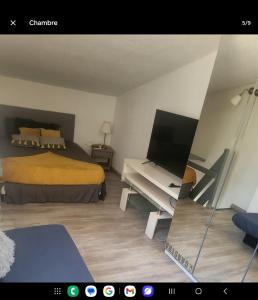 a bedroom with a bed and a desk with a television at Loue jolie duplex climatisé centre port in Cap d'Agde