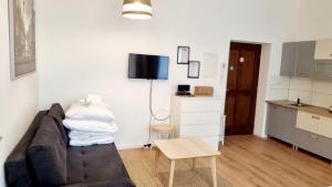 ein Wohnzimmer mit Sofa und Tisch in der Unterkunft Green Apartment Studio L30 Neukölln in Berlin
