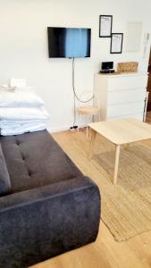 ein Wohnzimmer mit Sofa und Tisch in der Unterkunft Green Apartment Studio L30 Neukölln in Berlin