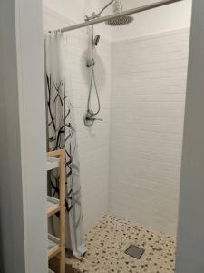 a shower with a shower curtain in a bathroom at Neville Island Motel in Pittsburgh