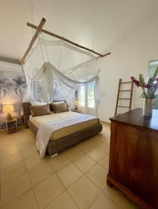 a bedroom with a bed with a mosquito net at Villa Amaryllis in Le Gosier +21 photos