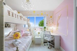 a pink bedroom with a bunk bed and a desk at 4BR Hollywood Villa 3 min to Beach, Heated 12-Person Jacuzzi, Game Room and BBQ in Hollywood +61 photos