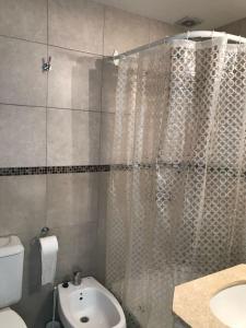 a bathroom with a shower and a toilet and a sink at Increible departamento con vista panoramica en primera linea del mar in Monte Hermoso +14 photos