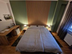 ein Schlafzimmer mit einem Bett in einem Zimmer mit grünen Wänden in der Unterkunft Apartmani i sobe PARK in Apatin