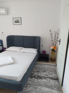 a bedroom with a bed with a blue headboard at Casa Ancora Sulina in Sulina