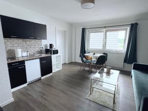 a living room with a kitchen and a table at Dümmer Perle Apartments in Hüde