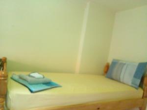 a small room with a bed with a blue and white pillow at Ofellows - Kristal Center in Tirana