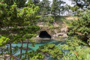 a cave in the middle of a river with trees at A Whale's Walk - Mariner 2 in Depoe Bay
