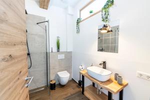 a bathroom with a sink and a shower at Ferienbahnhof Fichtental Gleisblick Lounge in Prackenbach +13 photos