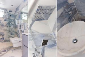 three pictures of a bathroom with a shower and a toilet at Ocean Aura in Carbis Bay