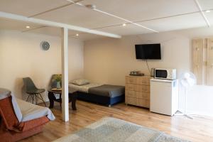 a room with a bed and a table with a microwave at Viesu nams Pupa in Kuldīga