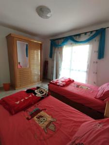 Banī Ghālibにある2 Room Apartment in CAIROの赤いシーツが備わるベッドルームのベッド2台