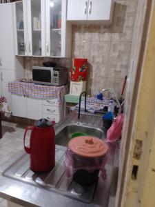 a kitchen with a sink with a tea pot in it at Casa da Tia Lá próximo ao Santuário Nacional preço único pela casa cabem até seis pessoas in Aparecida +7 photos