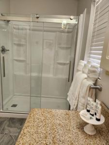 a bathroom with a shower and a granite counter top at Lake House in Phil Campbell +26 photos