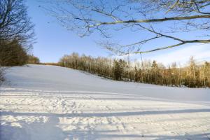 a snow covered field with footprints in the snow at Tollhouse 10C: 3 br, ski-in/ski-out, woodstove, free ski shuttle, a/c, summer pool in Stowe