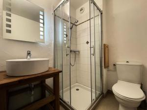 a bathroom with a toilet and a sink and a shower at Le Vieux Chalet - Chalet confortable pour 8 personnes dans le cente du village MAE-3631 in Saint-Martin-de-Belleville +9 photos