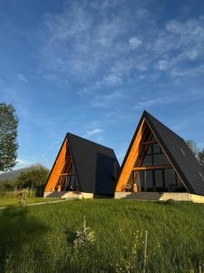 ein Haus mit schwarzem Dach auf einem grünen Feld in der Unterkunft Mara Frames - Moisei in Moisei