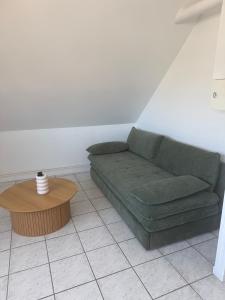 un soggiorno con un divano verde e un tavolino da caffè di Nid douillet avec parking a Vierzon