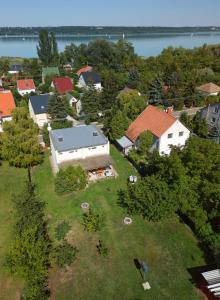 an aerial view of a small town with a house at Almádi64 in Balatonalmádi