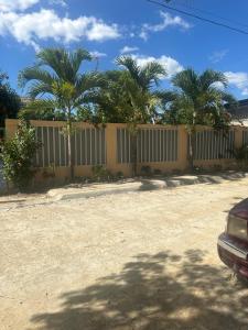 a fence with palm trees in front of a parking lot at Casita de as flores in San José de Ocoa