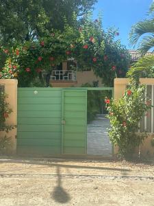 a green garage door with areath of roses on it at Casita de as flores in San José de Ocoa