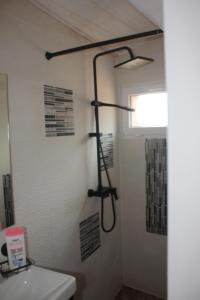 a bathroom with a shower with a toilet and a sink at Anna in Lacanau