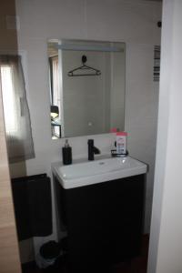 a bathroom with a white sink and a mirror at Anna in Lacanau