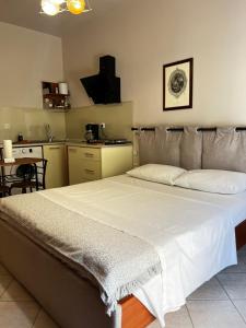 a large bed in a room with a kitchen at Haplotēs Rhodes Studio in Koskinou