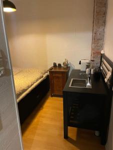 a small room with a bed and a sink at Ålesund Central Apartment in Ålesund