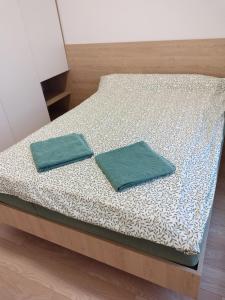 a bed with two green pillows on it at Apartament Kameralny in Brodnica
