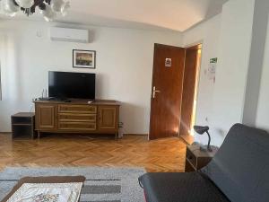 a living room with a tv on a wooden dresser at Apartman Jelena in Soko Banja