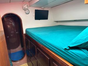 a room with a bed and a tv on a boat at Catamaran El Pelegrino in Les Anses-dʼArlets