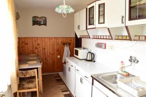 a kitchen with white cabinets and a sink and a microwave at Domček Anna in Dedinky