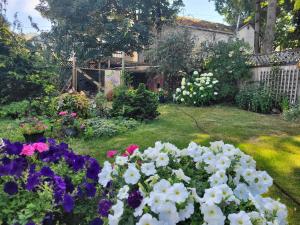 a garden with white and purple flowers in the yard at Campbell Cottage B&B in Nanaimo +19 photos