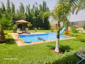 a swimming pool in a yard with a palm tree at Villa in Meknès