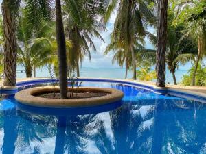 a pool with palm trees and the ocean at Villa Angela in Isla Mujeres