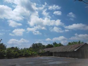 a building with a thatched roof and a cloudy sky at Nông Trại Hải Vân - Sân Chim Vàm Hồ in Ben Tre +13 photos