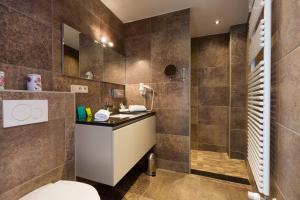 uma casa de banho com um chuveiro, um WC e um lavatório. em Guesthouse Amfora em Poperinge