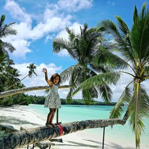 a little girl standing on a tree branch on a beach at Vakantie Vila Wab in Watnil