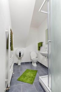 a bathroom with two toilets and a green rug at Aparmány² in Frymburk