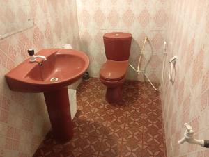 ネゴンボにあるNR homestayのバスルーム(赤い洗面台、トイレ付)