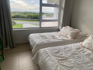 two beds in a room with a large window at Coastal Escape in Struisbaai in Struisbaai